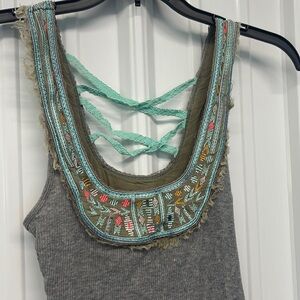 Free People Embroidered tank Top New cross cross lace back